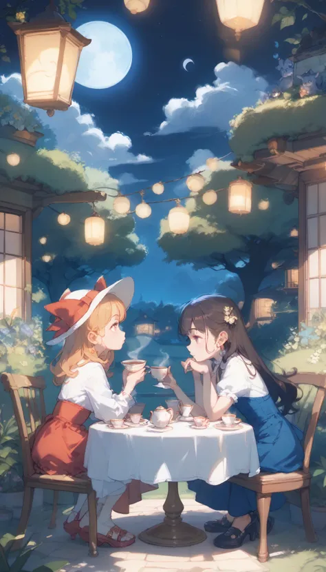 Moonlit Tea Ceremony/Tea party under the moon/Tea party under the moon,  moonlight ,  dark lights 