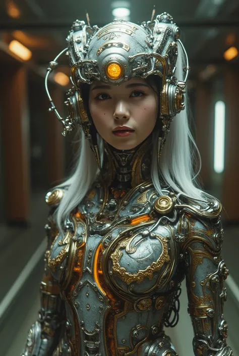 Image of Cyberpunk Girl, Of the highest quality, masterpiece, Ultra High Resolution, ((Photorealistic: 1.4), Raw photo, One Cyberpunk Girl, Glossy skin, One Mechanical Girl, (super realistic details)), Mechanical head, Mechanical body with metal armor, Lux...