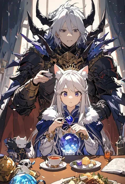  two people，The white-haired cat ear in the royal princess costume and the dragon demon king in an armor cape sit and drink tea and watch the crystal ball look like they are watching the movie