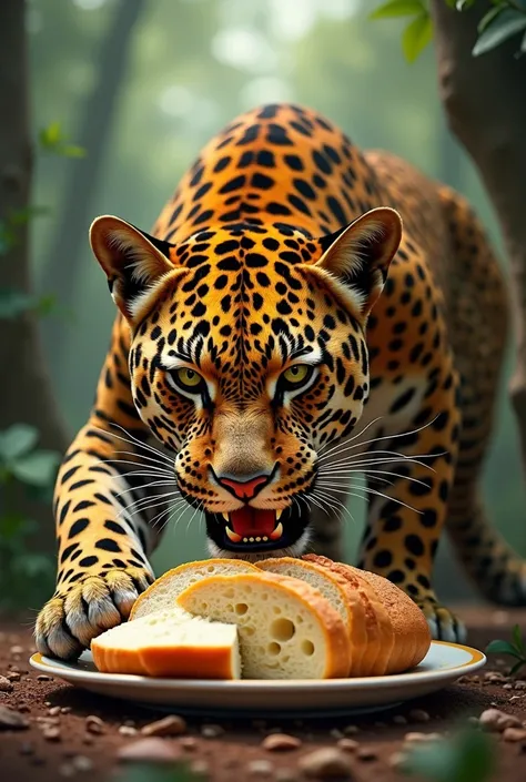 A leopard eating green bread