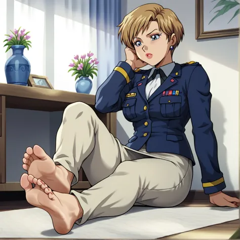 score_9, score_8_up, score_7_up, score_6_up, score_5_up, score_4_up, BREAK,  topazsonicx, 1girl, solo, skirt, blonde hair, long sleeves, jewelry, sitting, flower, pantyhose, earrings, indoors, uniform, military, military uniform, makeup, pencil skirt, retr...