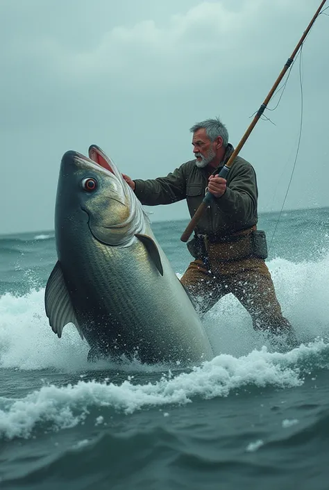 Fish pulling fisherman 
