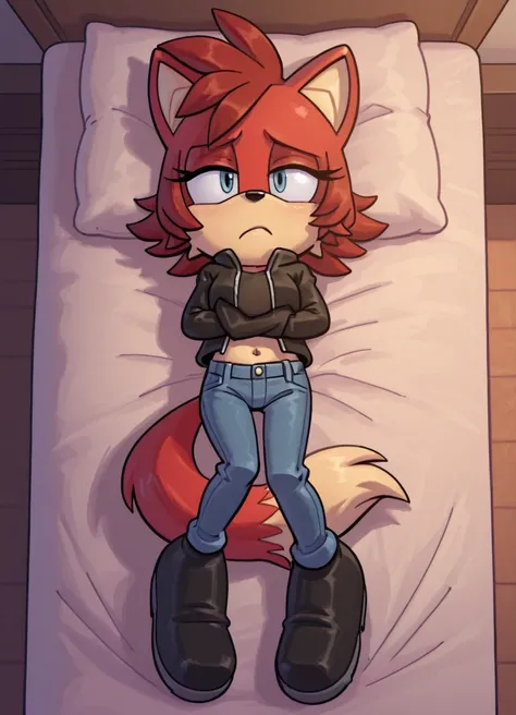 Fiona the fox a women laying on a bed in a crowded room all alone during the late morning, 1girl, solo, jeans, denim, pants, lying, navel, jacket