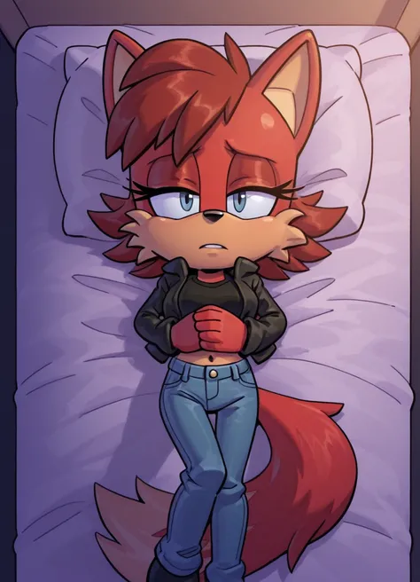 Fiona the fox a women laying on a bed in a crowded room all alone during the late morning, 1girl, solo, jeans, denim, pants, lying, navel, jacket