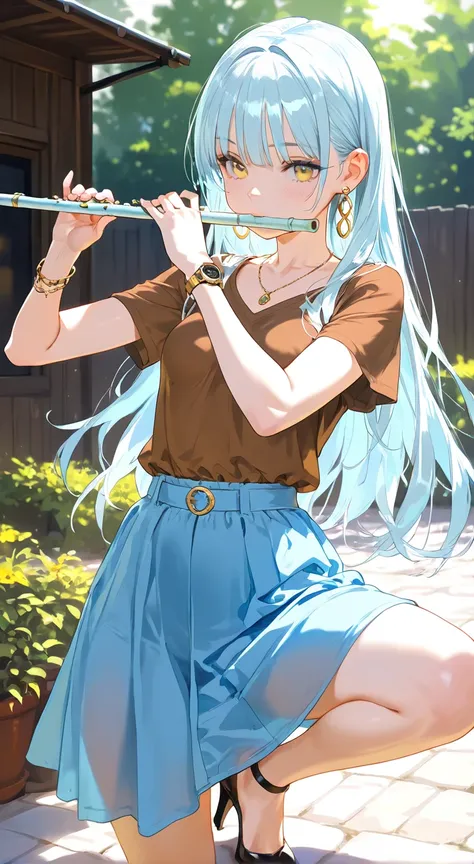 NSFW, masterpiece, best quality, amazing quality, very aesthetic, realistic detailed anime, home, backyard, 1girl, \(alone, long hair, light blue hair, straight bangs, yellow eyes, small breasts, thin, (tall), brown shirt, heels, earrings, necklace, bracel...