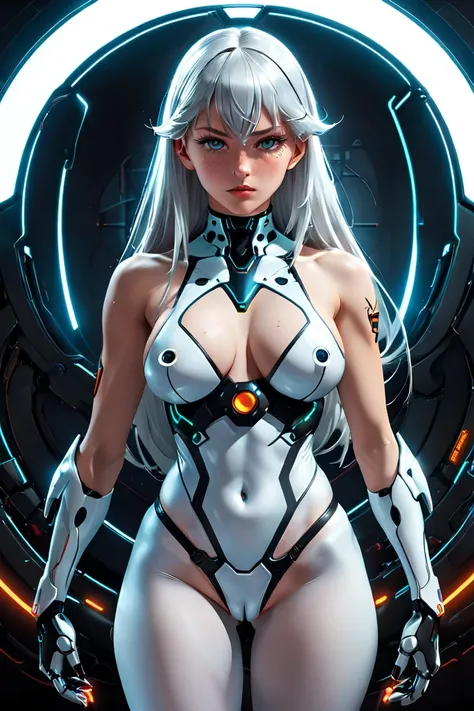 (((Young White Woman))), ((Best Quality)), ((Masterpiece)), (Detail: 1.4), 3D, A Beautiful Cyberpunk Woman with Simon Bisley-style micro thong, Genesis evangelion neon style clothing, 2-piece clothing, Long silver hair, arm tatoo, cybernetic hands,Perfect ...