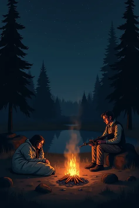 one person sleeping and one is sitting while holding gun around camp fire