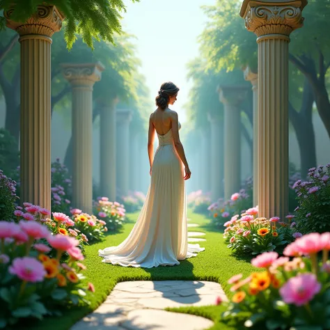 goddess,Small garden ,Without Pacillo,lawn ,Greek pillars,  Greek statues, wide ,flores, Greece High resolution,   Precise, Premiado muchas veces, Detail, 