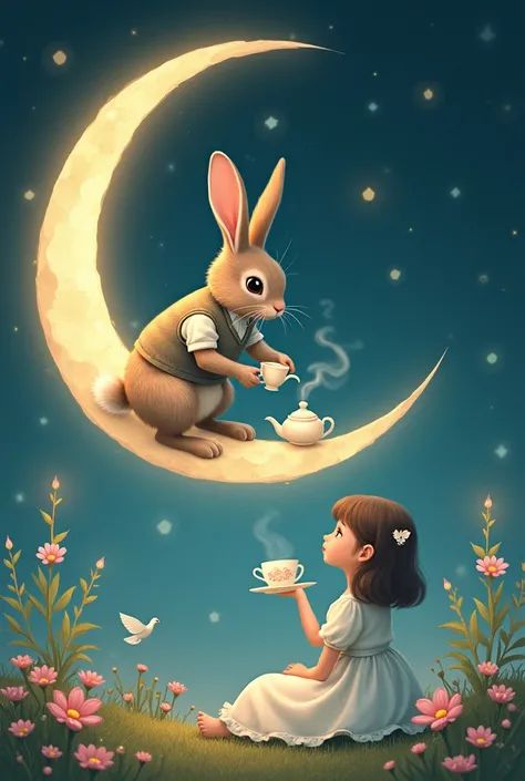 The rabbit on the crescent moon pours tea into the teacup of the girl on the ground.