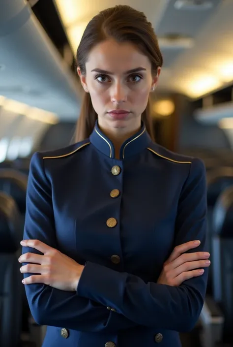 "A young and professional flight attendant ,  wearing a well-fitting navy blue uniform with gold details ,  is standing alone inside the cabin of a modern airplane . She has a serious and invoked expression ,  with furrowed eyebrows and a penetrating look ...