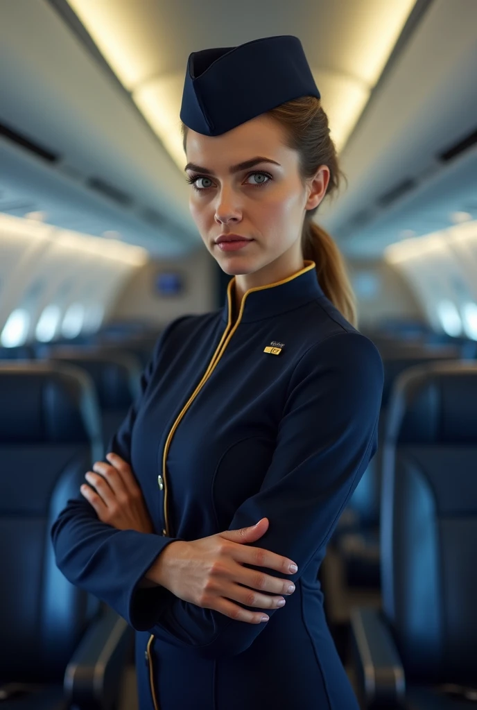 "A young and professional flight attendant ,  wearing a well-fitting navy blue uniform with gold details ,  is standing alone inside the cabin of a modern airplane . She has a serious and invoked expression ,  with furrowed eyebrows and a penetrating look ...