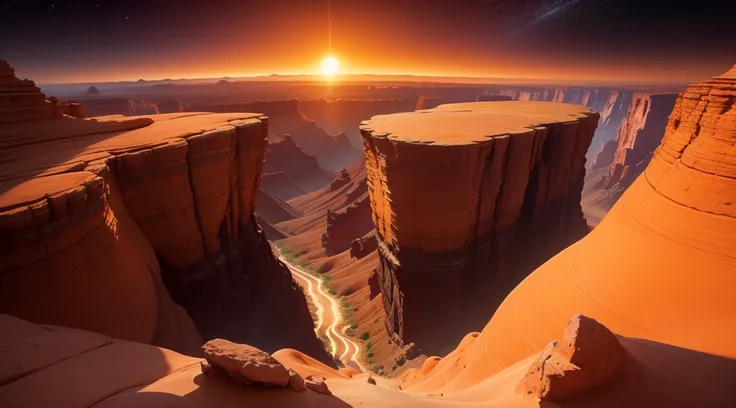 on the edge of a beautiful orange tinted canyon. planets. sunset. giant rock structures