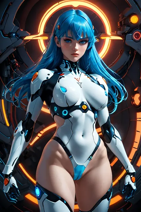 (((Young White Woman))), ((Best Quality)), ((Masterpiece)), (Detail: 1.4), 3D, A Beautiful Cyberpunk Woman with Simon Bisley-style micro thong, Genesis evangelion neon style clothing, 2-piece clothing, Long blue hair, arm tatoo, cybernetic hands,Perfect pr...