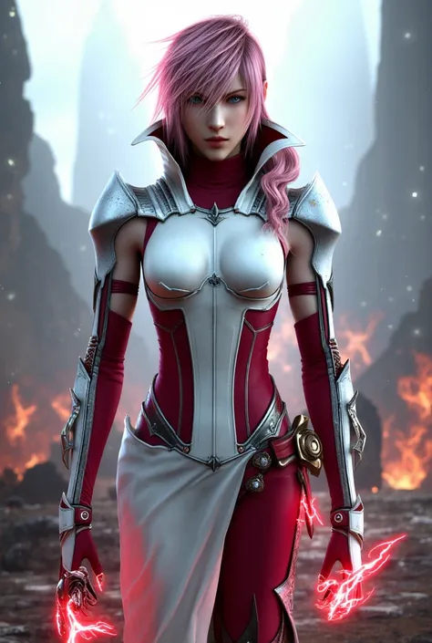 Lightning from final fantasy wearing white and red armor