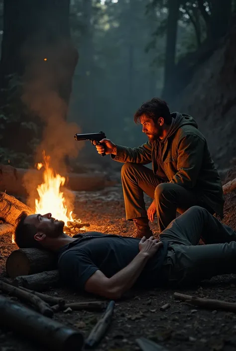 One guy is laying and another guy is sitting while holding a gun around camp fire