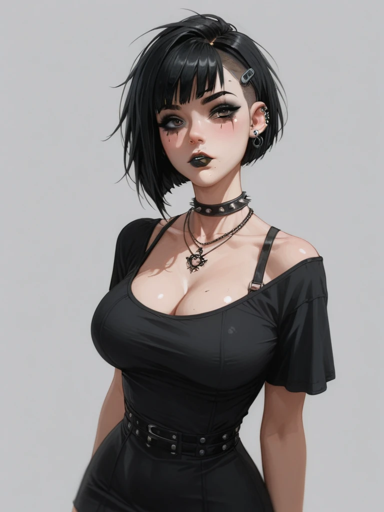  best quality , extreme Detail, Young woman standing alone in a dark bedroom , (emo und Goth design), emo, goth girl, Young woman posing sexy ,  black makeup ,  black short wild hair,  cute face , wild look,  extremely large breasts, (H100 ), ( wide hips),...