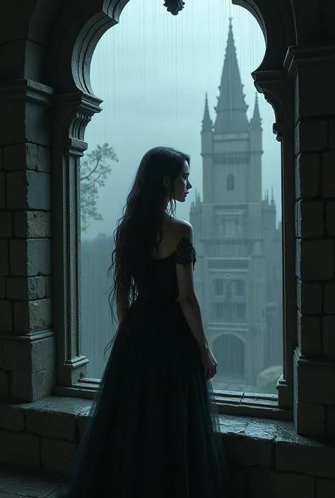 Princess looking out the window of a castle on a rainy day,  dark fantasy style 