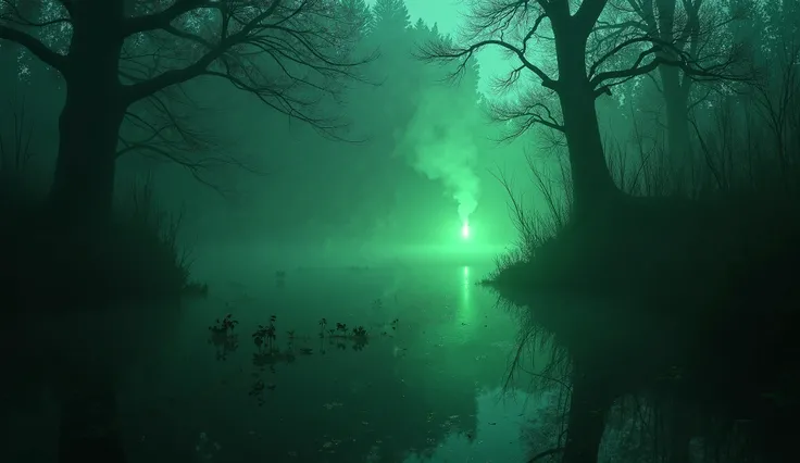 a highly detailed, realistic image of a swamp from a fairy tail; night timel; greenish fog; darkness; wisps of green shining smoke are above the water of the swamp; a little green flame is visible at the distance; creating a dreamy and mystical atmosphere,...