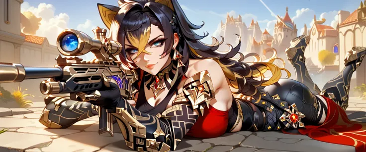 ultra-detailed, 1girl, solo, dehya (genshin impact), ((masterpiece)), (best quality), (highres), 16K, multicolored hair, streaked hair, long hair, blue eyes, black hair, blonde hair, dark skin, crossed bangs, earrings, animal ears, wearing tactical clothes...