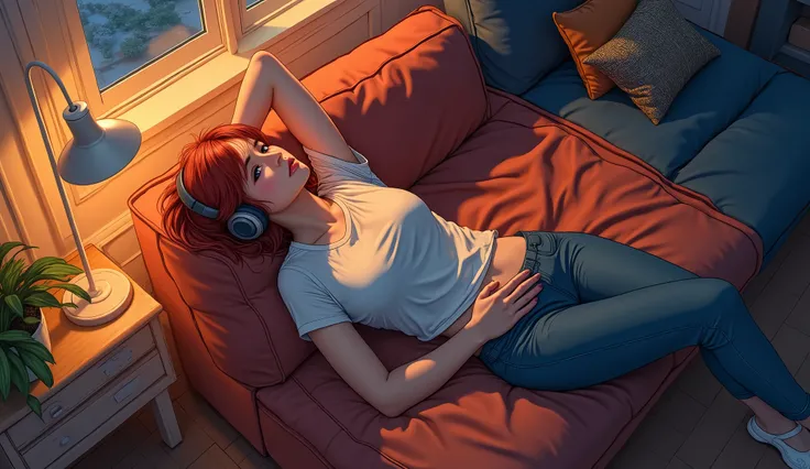 Relaxing scene, red-haired anime girl in casual clothes lying comfortably on a modern sofa, wireless headphones on, evening mood, soft lighting from window and desk lamp. Cozy room interior with throw blanket, decorative pillows, ghibli inspired art style,...