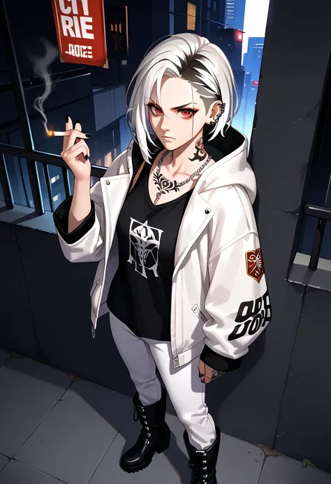 8k,masterpiece, best quality, super high resolution, high resolution, 20s, 1girl, wolf cut, red eye, chain, smoking cigarette, black large tattoo on face and neck, white multicolored hair, (oversized white leather jacket with hood, black tie, black shirt, ...