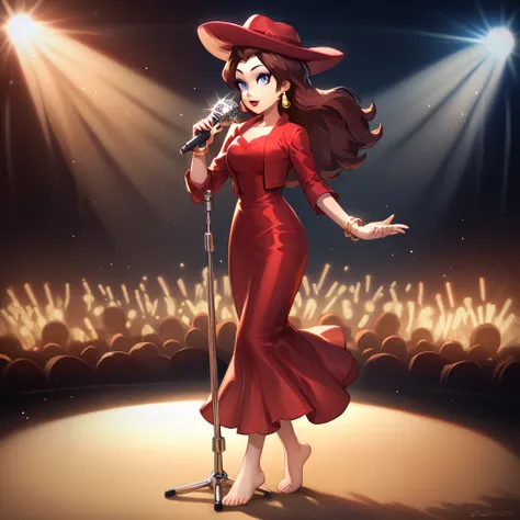 score_9, score_8_up, score_7_up, score_6_up, score_5_up, score_4_up, zPDXL2,rating_questionable, source_anime,  1girl, solo,  st4g3, concert, stage lights, raised stage,  microphone, Pauline, Earrings, makeup, long brown hair, hat, blue eyes, red dress, fu...