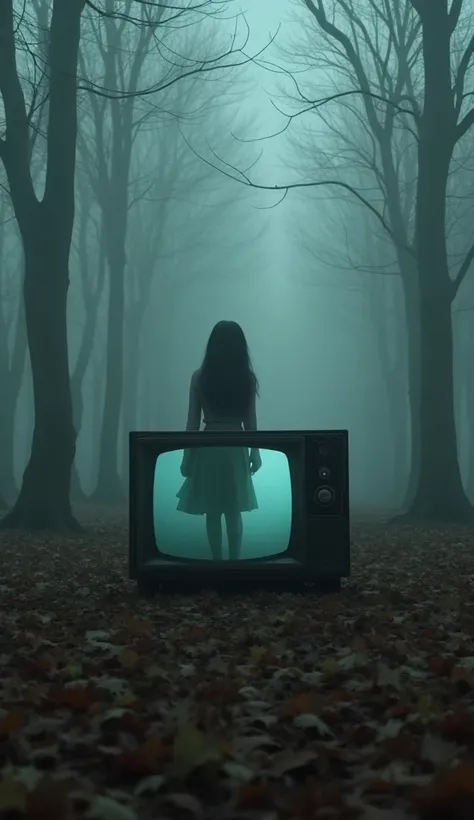 I want a wallpaper inspired by the character Sadako from the movie The Ring 

The background has to be the classic forest with fog,  trees with fallen leaves, The ground full of withered tree leaves, In the center of the image, an old television from which...