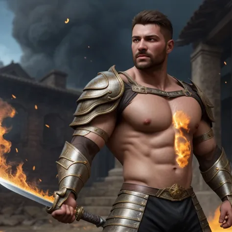   male focus , Facial beauty,  muscular body , chunk, realistic, 8k,  ultra quality tits, elegant,  , ultra realistic,  photograph , Realistic detailed  photograph  (Italian man), emb3r4rmor,  wearing hot embers armor,  burning, shining,  dynamic pose,  co...