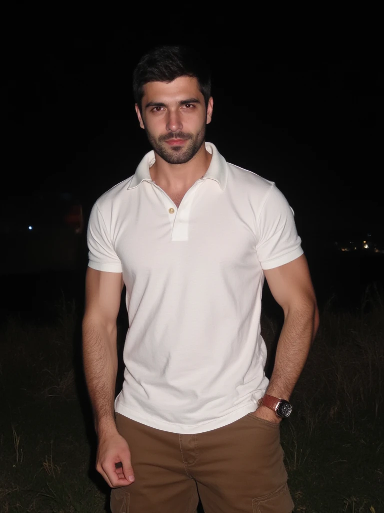 a young handsome turkish guy with muscle,  dark short hair and goatee beard he wearing a white poloshirt and a brown loose jeans location is turkey and its night amateur photo random picture