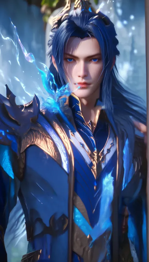 score_9,score_8_up,score_7_up,realistic,tang_san,1boy,male focus,long hair,blue eyes,blue hair,looking at viewer,belt,,standing,armor,"Donghua," "Chinese fantasy," "traditional armor," "mystical aura,"