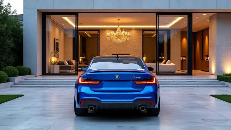 "A sleek blue (2025 BMW M4) back view  is parked elegantly in front of a modern, luxurious villa. The villa boasts tall glass windows, marble exteriors, and a spacious, well-lit driveway lined with manicured greenery. Through the large windows, the villa’s...