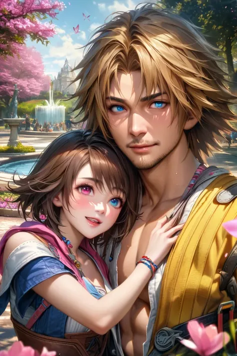 absurdres, highres, ultra detailed, HDR, master piece, ultra detailed picture, extremely detailed face and eyes, realistic face, Tidus, blond hair, expressive blue eyes, Final Fantasy X, Yuna, brown hair, heterochromia, left eye blue, right eye green, a ma...