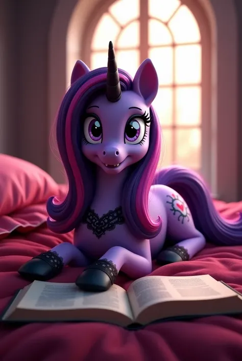 A purple alicorn pony with a dark purple and pink mane, lying on a red bed in a softly lit room with a large arched window in the background. The pony is wearing black lace stockings on all four legs, with garter belts attached. The expression is playful a...