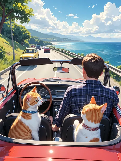  There is a man driving a convertible car and two cats in the passenger seat,A cat admiring the scenery ,a Pointellism  painting by Ayako Rokkaku,  Unsplash , Pointellism ,  lots of small details , Pointillism dots ,  graphic details ,  checked shirt , dra...