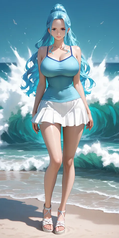 Masterpiece, newest, high contrast, very aesthetic, vibrant, mature female, nefertari vivi\(one piece\), high ponytail long hair, light blue hair color, blue lagoon camisole, white platted tennis skirt, white gladiator strappy sandals, perfect breast, full...