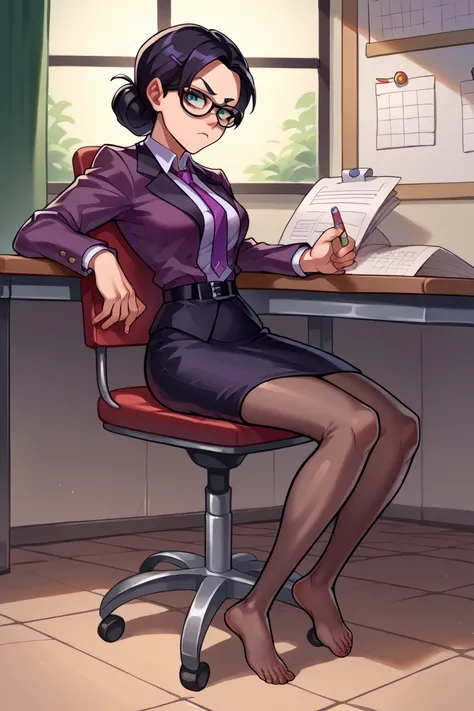 score_9, score_8_up, score_7_up, score_6_up, source_anime, BREAK 1girl,  mspauling, black hair, glasses, purple shirt, buttoned shirt, belt, black skirt, pantyhose, medium breasts, sitting, chair, desk, looking at viewer, paperwork, bored, from side, skirt...