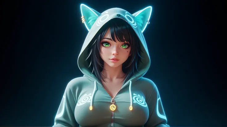 A sexy wolf girl in a neon greenish underwear and a onesie with a cool designs and cute and standing in a dimly lit room. The hoodie covers her shoulders, and her dark hair and piercing green eyes stand out. She looks directly into the camera, with a myste...