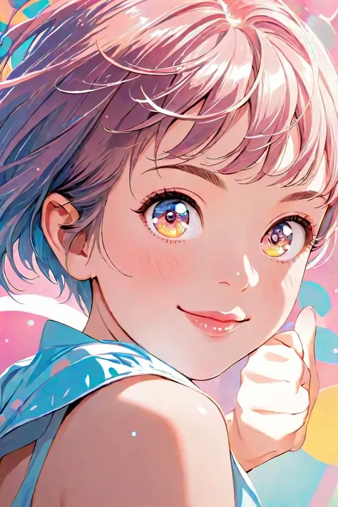 "A dynamic close-up anime-style illustration reminiscent of a Japanese coming-of-age manga cover. A bright-eyed young woman wearing a soft blue top is smiling, slightly turned and gazing back towards the viewer, inviting them with a thumbs-up and a 'let's ...