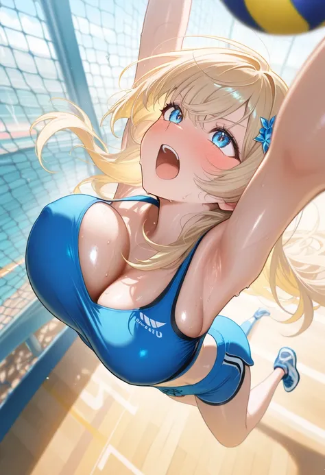 1girl, solo, large breasts, blonde hair, large breasts, blue eyes, blush, hair ornament, sweat, shorts, long hair, open mouth, bangs, 
bouncing breasts, 
dynamic pose, jumping, sportswear, arms up, facing up, outstretched arms, nipple, armpit
volleyball \(...