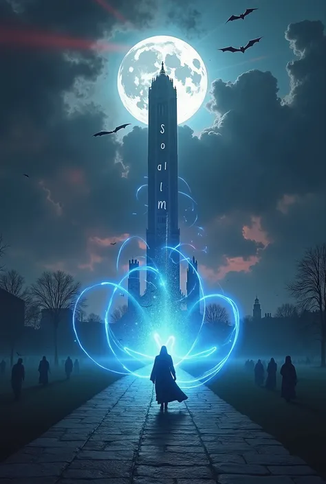  Amidst a dark and mysterious landscape ,  a colossal white tower rises until it touches the storm-laden clouds .  Red and blue rays cut through the sky ,  illuminating the imposing structure ,  as a gigantic full moon shines behind the tower ,  projecting...