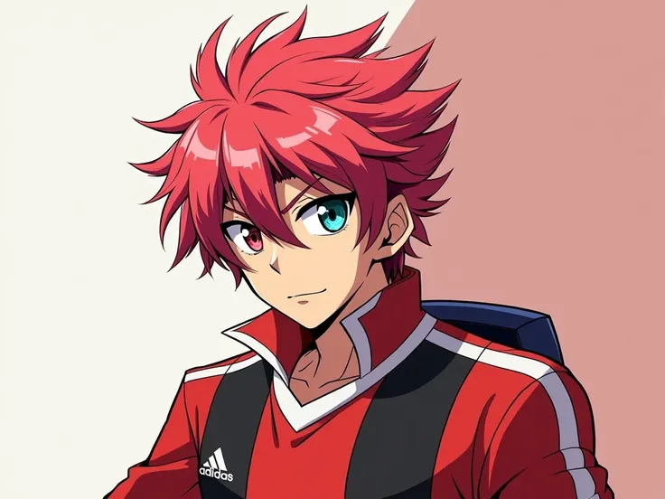 dans le style de dessin du manga  inazuma eleven victory road 2 male oc menaçant sauvage aggresif.
garçon 1 a les cheveux légèrement rouge sur le dessus et rose foncé en dessous,avec deux méche blanc qui tombent syr sont visage.avec un œil rouge ecarlate e...