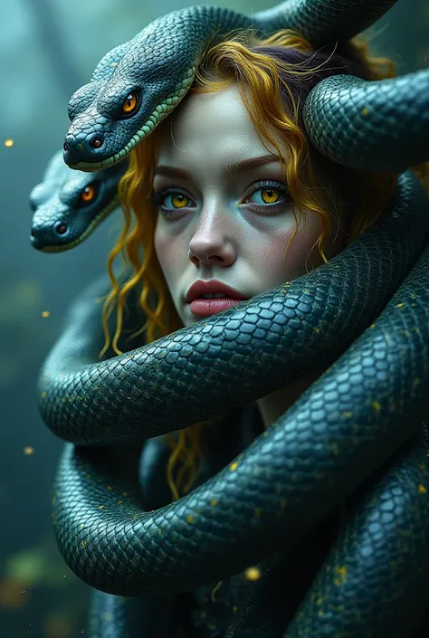 3 large snakes in the picture and half a head of a woman with yellow eyes and yellow purple wait 