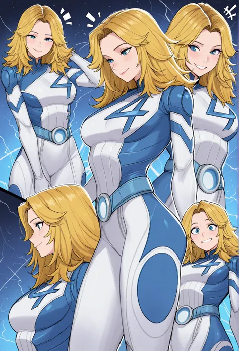 Suest0rm , side profile, 1 girl,  storm Susan , Fantastic Four,  long blond hair, blue eyes,  expression of a pleased face,  body suit ,  the best quality,  masterpiece, 