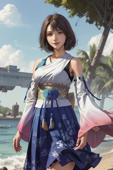 Masterpiece, Best quality, absurderes, Perfect anatomy, 1girll, Solo, YunaFFX, Heterochromia, Short hair, YunaOutfit, hair adornments, Detached sleeves, hakama, sash, Hakama skirt, Long skirt, Cowboy shot, Smile,