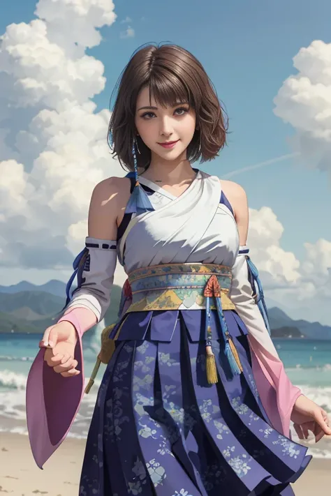 Masterpiece, Best quality, absurderes, Perfect anatomy, 1girll, Solo, YunaFFX, Heterochromia, Short hair, YunaOutfit, hair adornments, Detached sleeves, hakama, sash, Hakama skirt, Long skirt, Cowboy shot, Smile,