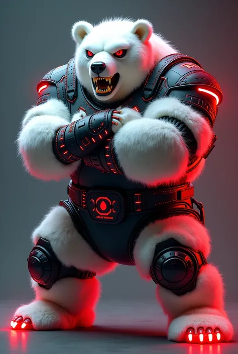 Create a mascot inspired by a cybernetic polar bear ,  strong and muscular ,  thick legs,  wearing a bracelet, a shin guard and a belt in the colors black with red and neon red lights that is elegant and aerodynamic , In your head.  The character must have...