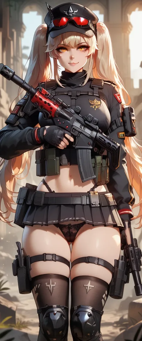 ultra-detailed, 1girl, solo, ump9 _(girls' frontline_), ((masterpiece)), (best quality), (highres), 16K, long hair, twintails, headwear, black jacket, black panties, tactical belt, holster, black thighhighs, knee pads, busty body, large breasts and a sexy ...