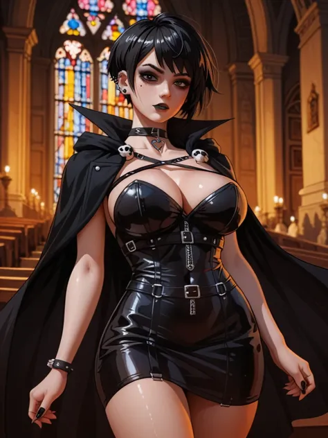  best quality , extreme Detail, Young woman standing alone in a dark Satanic church, (emo und Goth design), emo, goth girl, Young woman posing sexy ,  black makeup ,  black short wild hair,  cute face , wild look,  extremely large breasts, (H100 ), ( wide ...