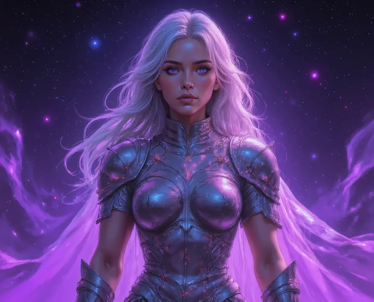 A mesmerizing portrait of a celestial warrior princess with luminous silver hair flowing like liquid stardust. Her piercing violet eyes glow with an ethereal radiance, and her pale, almost iridescent skin shimmers under the cosmic light. She wears intricat...