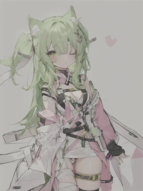 catgirl with green hair, 6 tails, young, pink tails, piece missing from one ear, cat ears, injured eye, cloth bandage over one eye